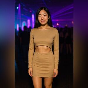 Princess Polly Long Sleeved Ribbed Front Cutout Camel Mini Dress